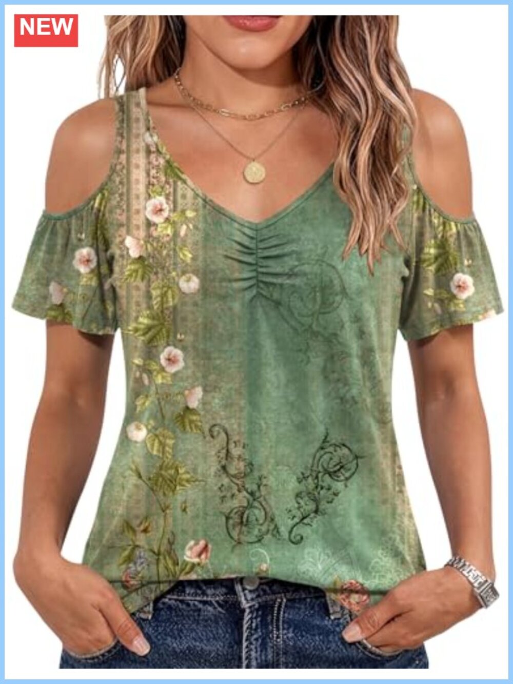 Cold Shoulder Ruffle Tunic Top V-Neck Short Sleeve Summer Blouse